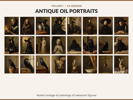 Volume 1 Antique Oil Portraits: 24 printable Halloween art designs, muted vintage oil paintings of seasonal figures