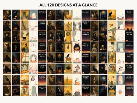 All 120 Halloween printable designs in the bundle shown together on one contact sheet