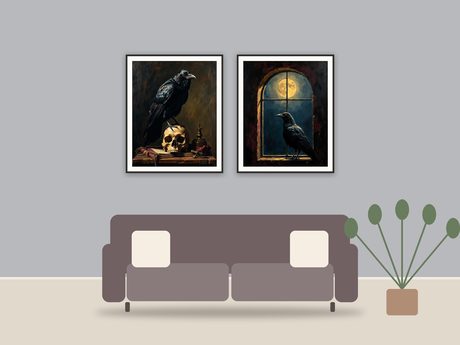 Candlelit Library Scenes printable art framed above a sofa in a styled living room
