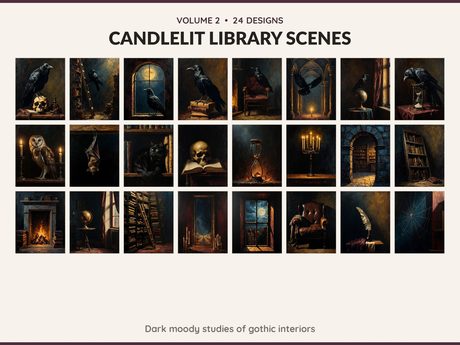 Volume 2 Candlelit Library Scenes: 24 printable Halloween art designs, dark moody studies of gothic interiors