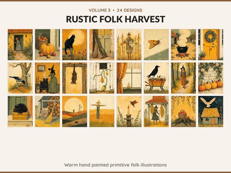 Volume 3 Rustic Folk Harvest: 24 printable Halloween art designs, warm hand painted primitive folk illustrations