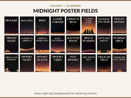 Volume 5 Midnight Poster Fields: 24 printable Halloween art designs, deep night sky backgrounds for lettering posters