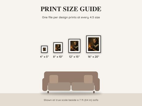 Print size guide showing 4x5, 8x10, 12x15 and 16x20 inch Halloween prints at true scale beside a sofa