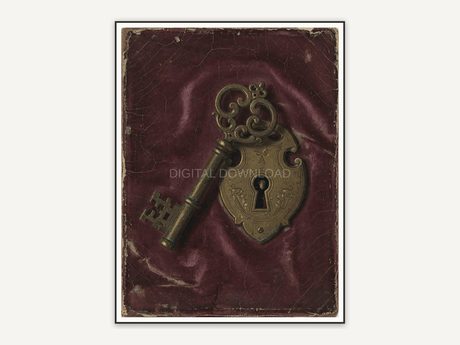 Heirloom-style oil painting of a skeleton key and antique lock on velvet