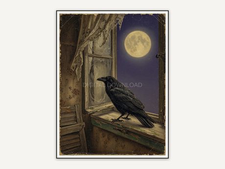Vintage oil portrait of a raven perched under a full moon in earthy browns