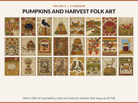 Volume 4 Pumpkins and Harvest Folk Art: 24 printable Halloween art designs, warm folk art pumpkins, cats and autumn scenes that stay up all fall
