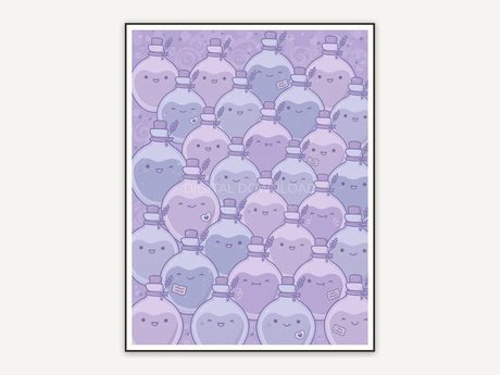 Smiling potion bottles in lavender creepy cute palette