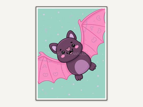 Smiling bat with pink wings on mint creepy cute print