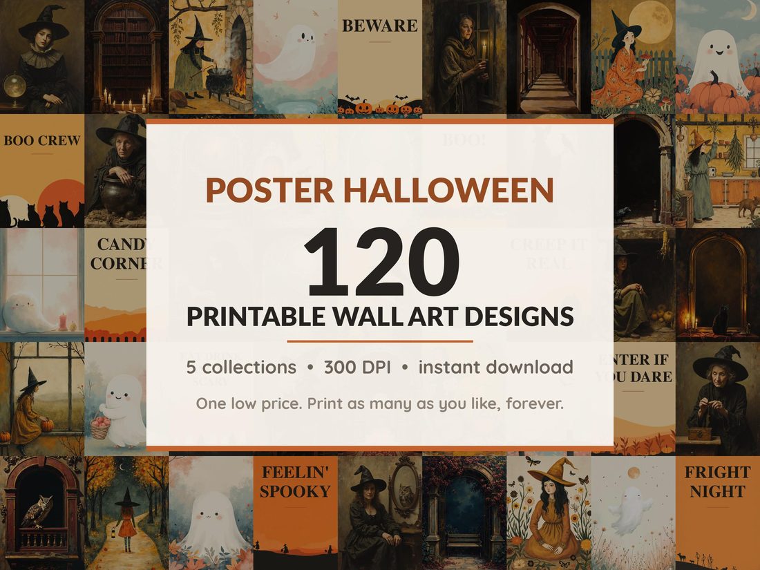 Halloween printable wall art mega bundle with 120 art prints in 5 collections: Varnished Portrait Studies, Shadowed Arch Studies, Cottage Hearth Prints, Gentle Phantom Sketches, Diner Color Fields