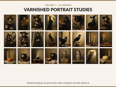 Volume 1 Varnished Portrait Studies: 24 printable Halloween art designs, muted antique oil portraits with cracked varnish texture