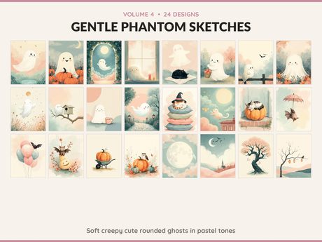 Volume 4 Gentle Phantom Sketches: 24 printable Halloween art designs, soft creepy cute rounded ghosts in pastel tones