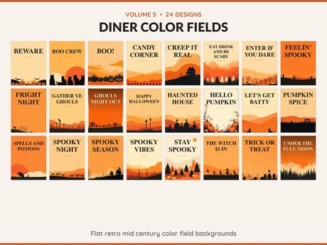 Volume 5 Diner Color Fields: 24 printable Halloween art designs, flat retro mid century color field backgrounds