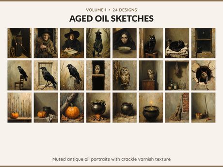 Volume 1 Aged Oil Sketches: 24 printable Halloween art designs, muted antique oil portraits with crackle varnish texture