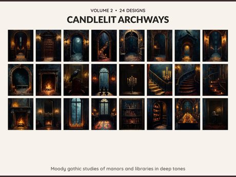 Volume 2 Candlelit Archways: 24 printable Halloween art designs, moody gothic studies of manors and libraries in deep tones