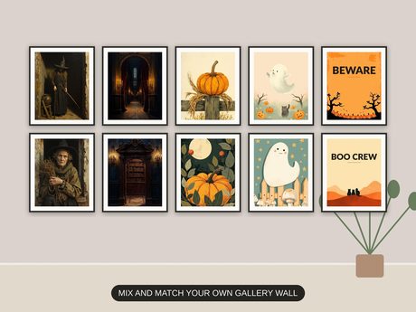 Ten Halloween prints from the bundle framed together as a gallery wall above a console table