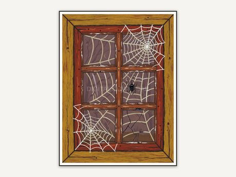 Whimsigoth primitive folk painting of spiderweb on wooden window