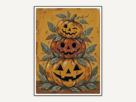 Whimsigoth primitive folk painting of stacked jack-o-lanterns with sage