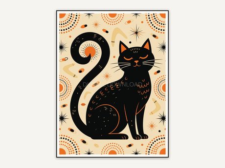Retro mid-century black cat print in orange and black