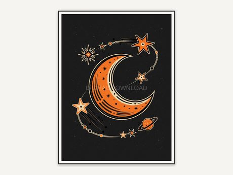 Retro mid-century moon print in orange and black