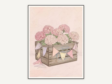 Pink hydrangeas in wooden crate with bunting