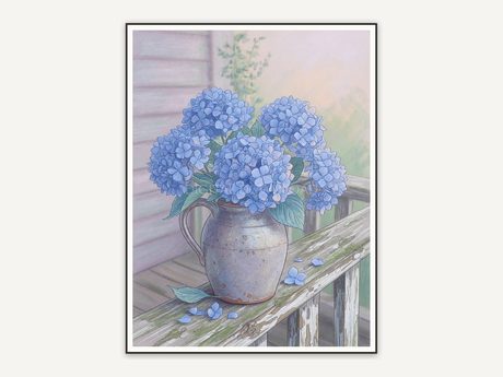 Blue hydrangeas in stoneware jug on porch