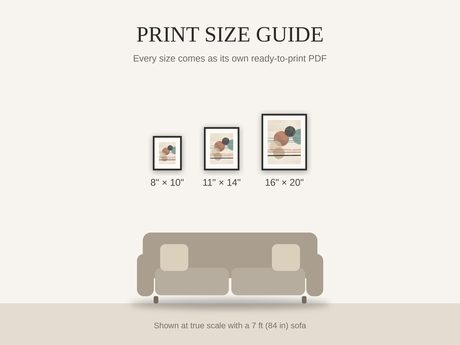 Print size guide showing 8x10, 11x14, and 16x20 framed prints at true scale beside a sofa