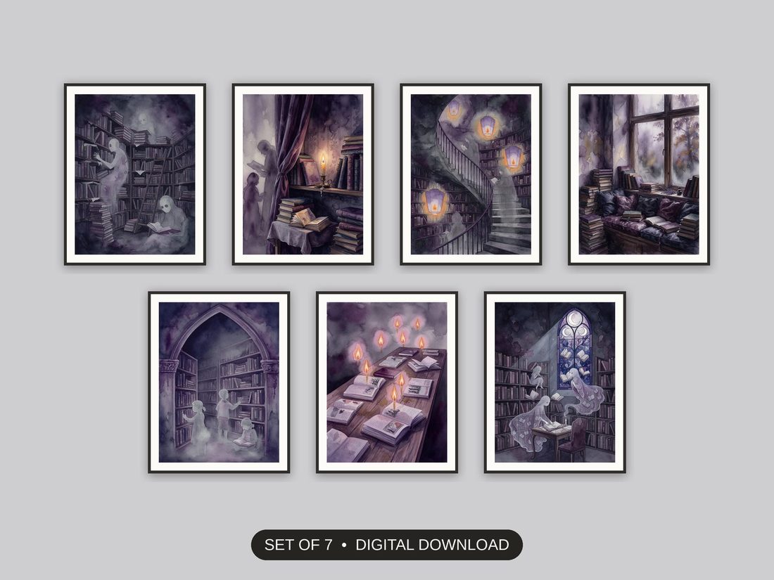Set of 7 halloween library printable prints shown as a gallery wall