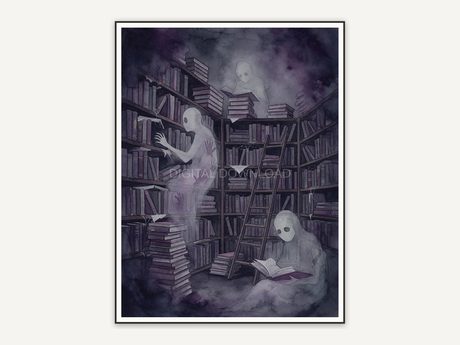 moody haunted library corner with ghost readers