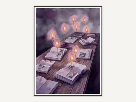 oak table with hovering candles