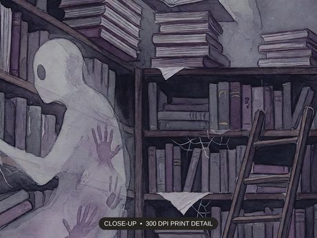 Close-up print detail of the halloween library artwork at 300 DPI