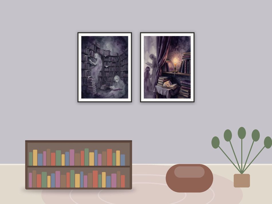 halloween library printable art framed above a classroom reading corner with a bookshelf and rug