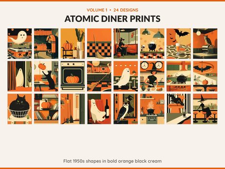 Volume 1 Atomic Diner Prints: 24 printable Halloween art designs, flat 1950s shapes in bold orange black cream