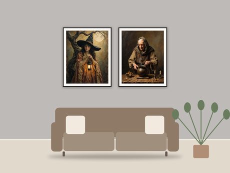 Sepia Lantern Portraits printable art framed above a sofa in a styled living room
