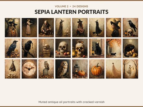 Volume 2 Sepia Lantern Portraits: 24 printable Halloween art designs, muted antique oil portraits with cracked varnish