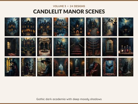 Volume 3 Candlelit Manor Scenes: 24 printable Halloween art designs, gothic dark academia with deep moody shadows