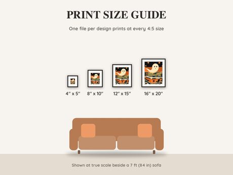 Print size guide showing 4x5, 8x10, 12x15 and 16x20 inch Halloween prints at true scale beside a sofa