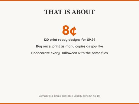 Value card: 120 Halloween printable designs works out at a few cents per print