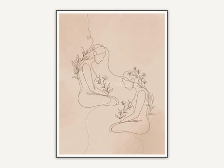 Two abstract seated figures with botanical line details