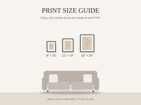 Print size guide showing 8x10, 11x14, and 16x20 framed prints at true scale beside a sofa