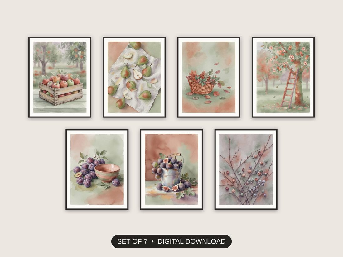 Set of 7 autumn orchard still life printable prints shown as a gallery wall