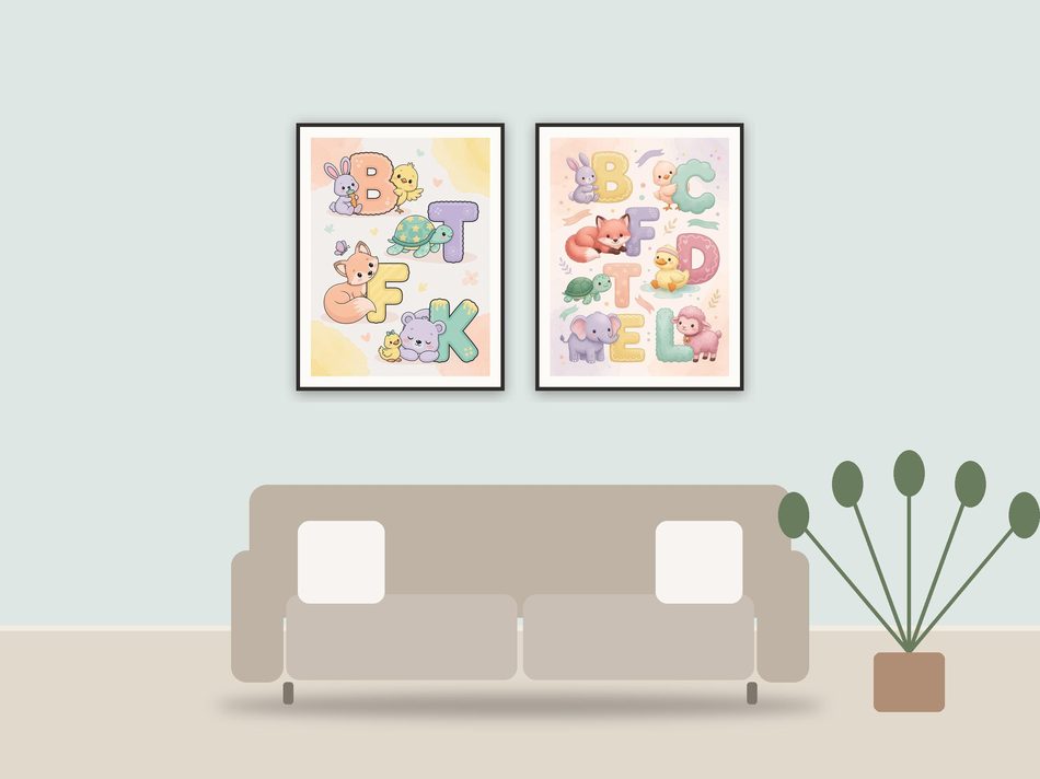 nursery animal art printable art framed above a sofa in a styled living room