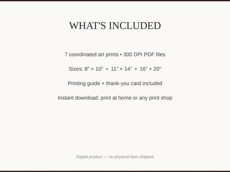 What's included: 7 art prints as 300 DPI PDFs in three sizes plus printing guide and thank-you card