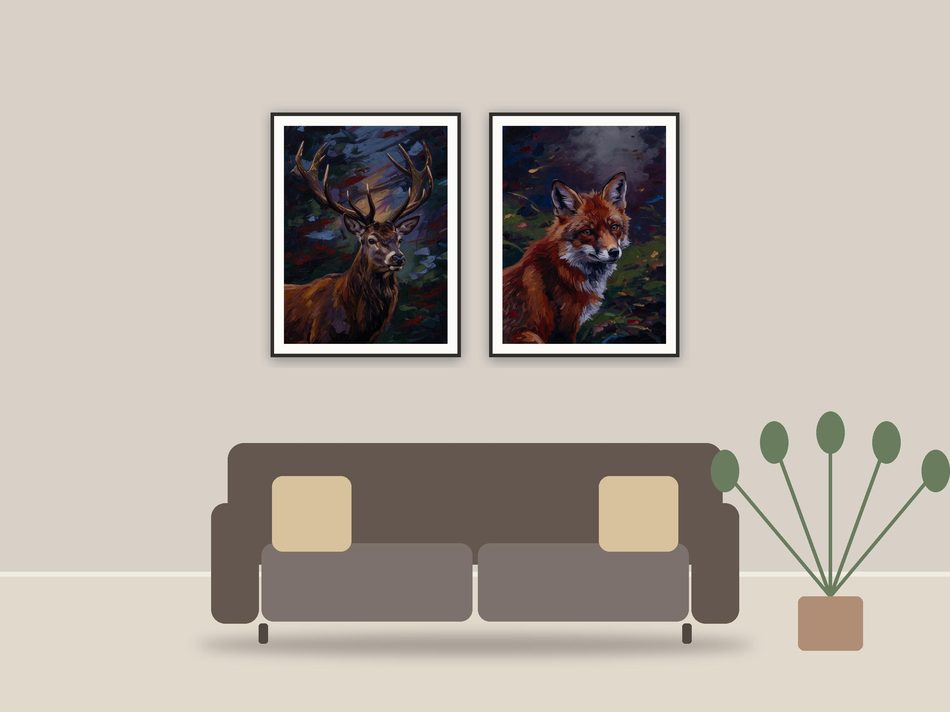 vintage animal portraits printable art framed above a sofa in a styled living room