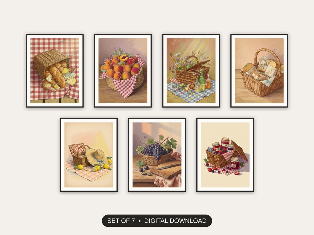 Set of 7 vintage picnic still lifes printable prints shown as a gallery wall