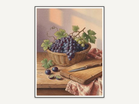 vintage basket with grapes print