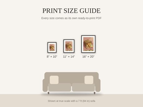 Print size guide showing 8x10, 11x14, and 16x20 framed prints at true scale beside a sofa