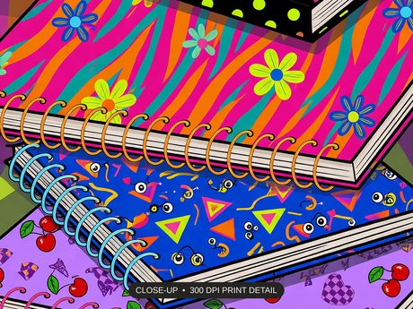 Close-up print detail of the playful classroom icons artwork at 300 DPI
