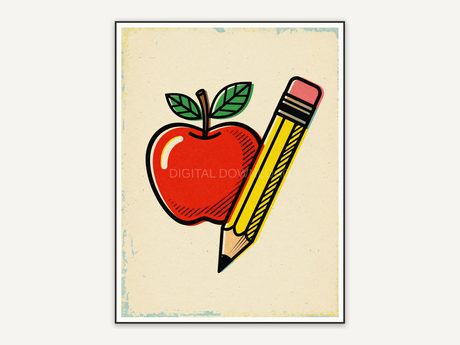Red apple and yellow pencil mid-century icon