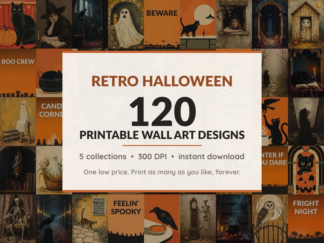 Halloween printable wall art mega bundle with 120 art prints in 5 collections: Atomic Diner Motifs, Crackled Portrait Studies, Candlelit Arch Studies, Mustard Folk Motifs, Diner Color Fields