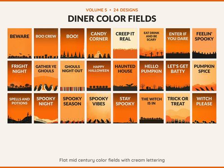 Volume 5 Diner Color Fields: 24 printable Halloween art designs, flat mid century color fields with cream lettering